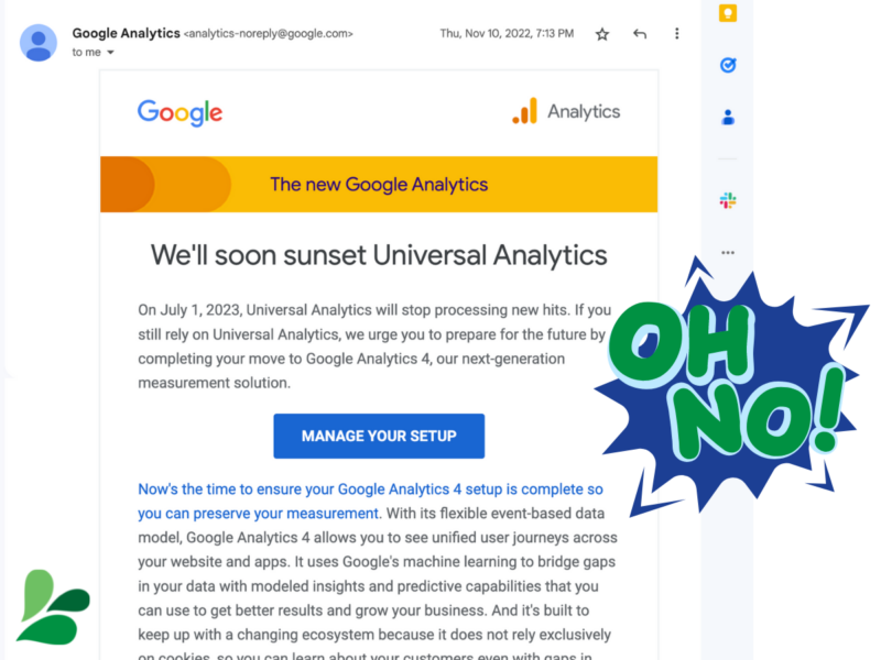 screenshot of an email saying that Google will soon sunset Universal Analytics