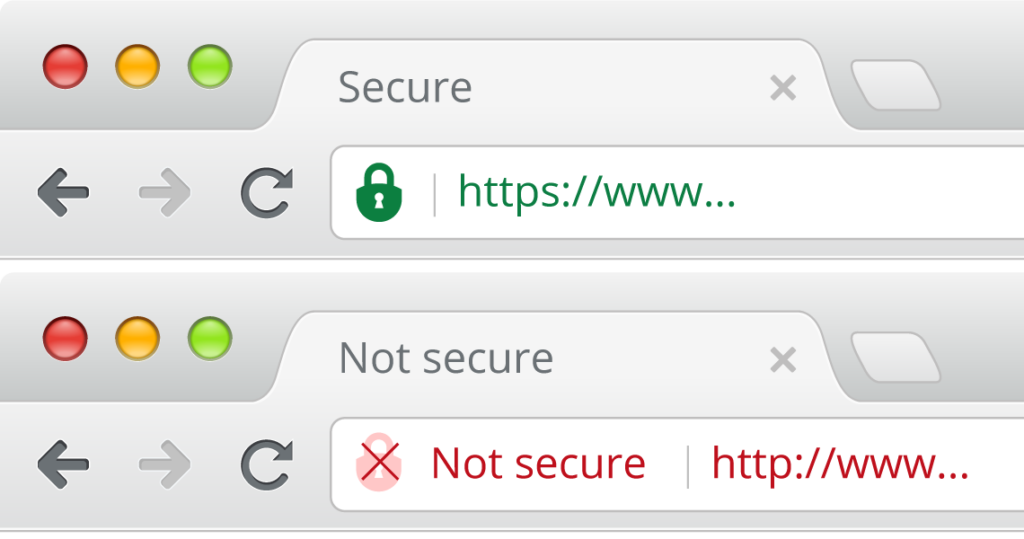 picture of 2 web browsers, one is secure, one is not secure