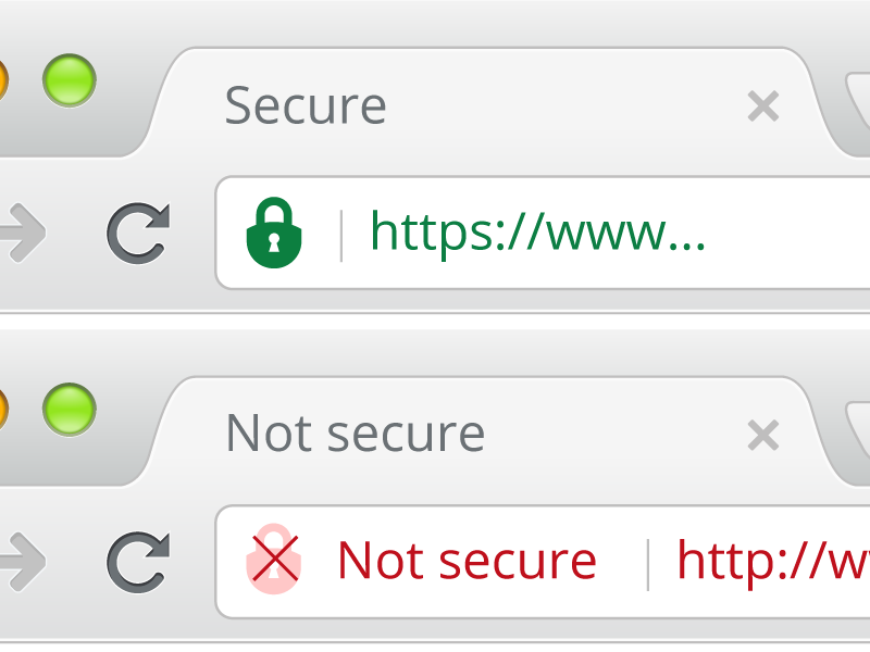 picture of 2 web browsers, one is secure, one is not secure