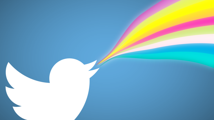 twitter bird logo with rainbow coming out of mouth
