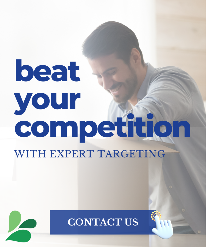 man smiling looking into a box with text overlay of beat your competition with expert targeting and contact us with Robb Digital logo